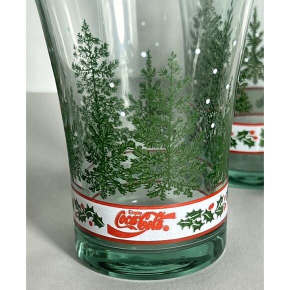 Vintage Coca Cola Holly and Pine Tree Set of 4 Libbey 6” Tumblers/Glasses - Picture 3 of 6